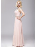 Pink Chiffon Beaded Keyhole Back Long Prom Dress 